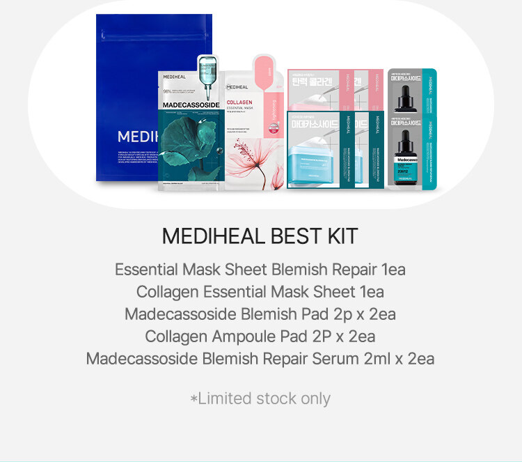 MEDIHEAL Best Kit Essential Mask Sheet Blemish Repair 2ea Madecassoside Blemish Pad 2p x 4ea Madecassoside Blemish Repair Serum 2ml x 2ea *Limited stock only