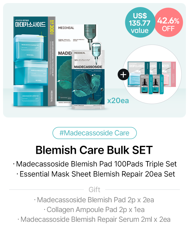 US$ 135.77 value 42.6% OFF #Madecassoside Care Blemish Care Bulk SET ・Madecassoside Blemish Pad 100Pads Triple Set  ・Essential Mask Gift ・Madecassoside Blemish Pad 2p x 2ea ・Collagen Ampoule Pad 2p x