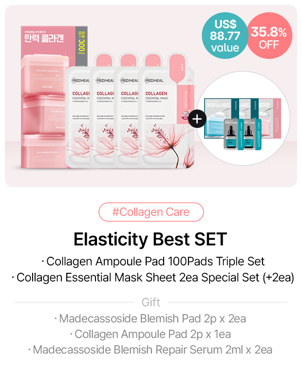 US$ 88.77 value 35.8% OFF #Collagen Care Elasticity Best SET ・Collagen Ampoule Pad 100Pads Triple Set ・Collagen Essential Ma Gift・Madecassoside Blemish Pad 2p x 2ea ・Collagen Ampoule Pad 2p x