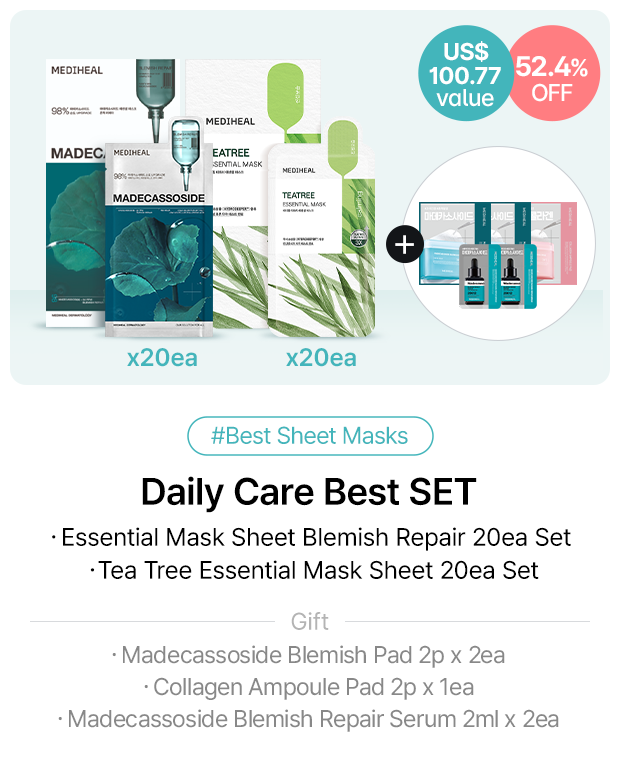 US$ 100.77 value 52.4% OFF #Best Sheet Masks Daily Care Best SET ・Essential Mask Sheet Blemish Repair 20ea Set  ・Tea Tree Essent Gift・Madecassoside Blemish Pad 2p x 2ea ・Collagen Ampoule Pad 2px 