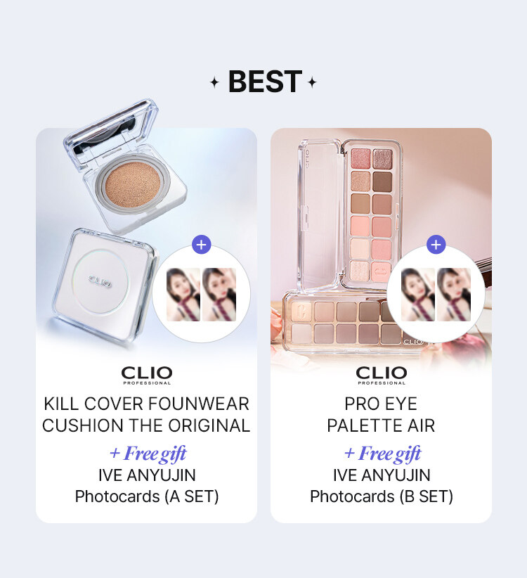 BEST CLIO PROFESSIONAL KILL COVER FOUNWEAR CUSHION THE ORIGINAL + Free gift IVE ANYUJIN Photocards (A SET) CLIO PROFESSIONAL PRO EYE PALETTE AIR + Free gift IVE ANYUJIN Photocards (B SET)