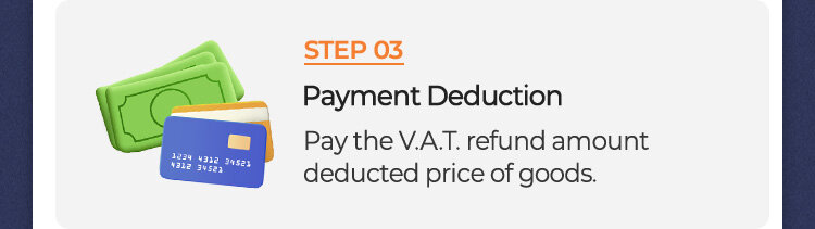 STEP 03 Payment Deduction Pay the V.A.T. refund amount deducted price of goods.