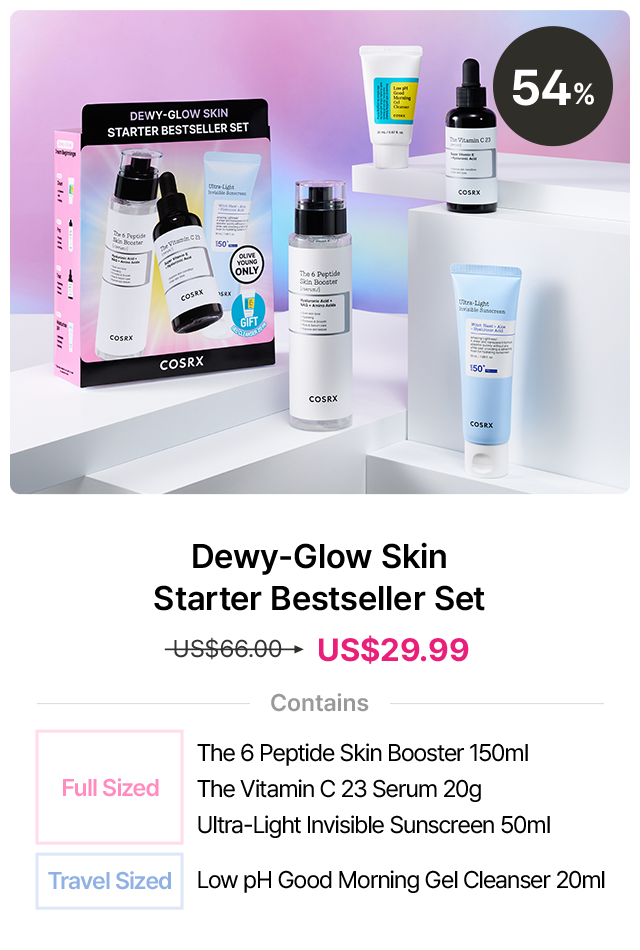 54% Dewy-Glow Skin Starter Bestseller Set US$29.99 Contains Full Sized The 6 Peptide Skin Booster 150ml, The Vitamin C 23 Serum 20g, Ultra-Light Invisible Sunscreen 50ml Travel Sized Low pH Good Morning Gel Cleanser 20ml