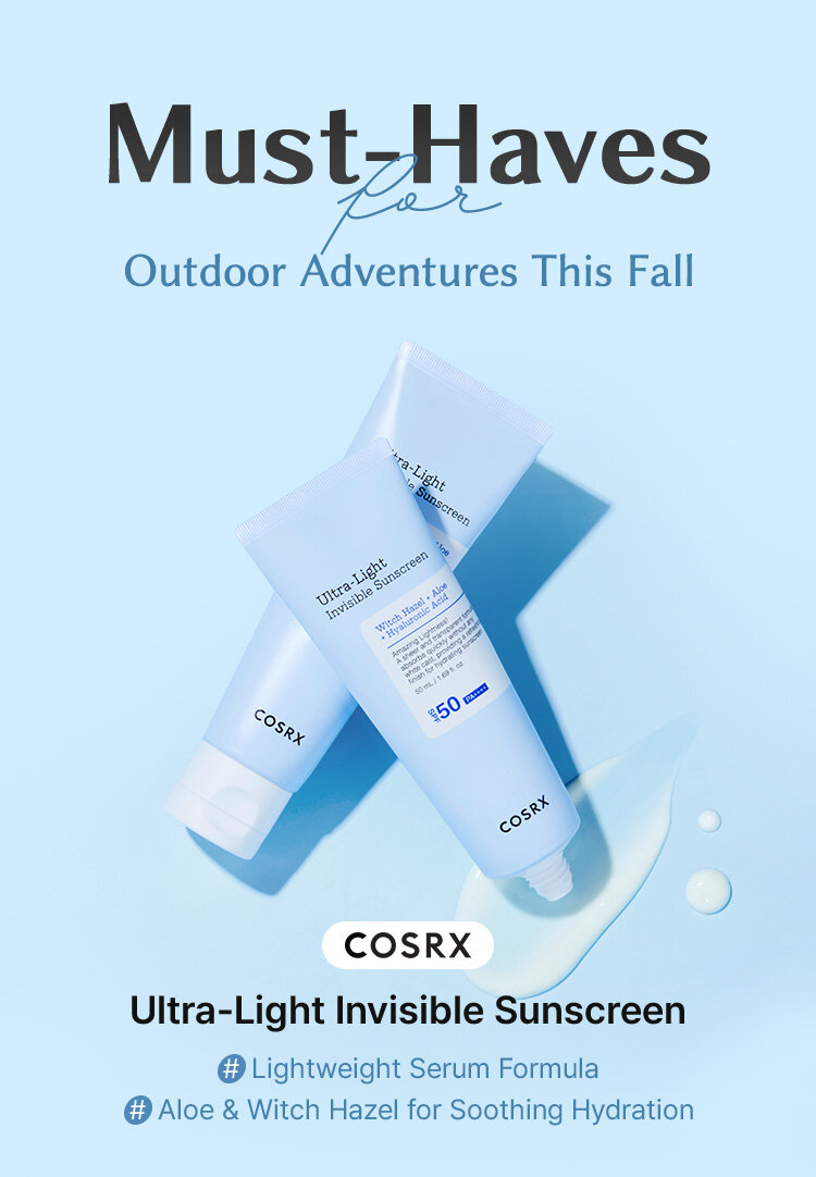 Must-Haves Outdoor Adventures This Fall COSRX Ultra-Light Invisible Sunscreen #Lightweight Serum Formula #Aloe & Witch Hazel for Soothing Hydration