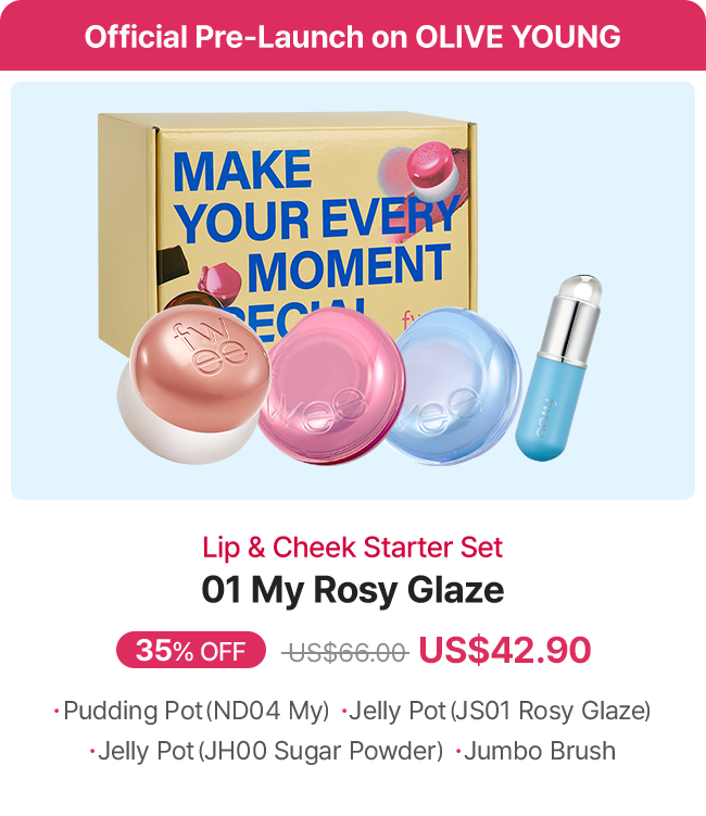 Official Pre-Launch on OLIVE YOUNG Lip & Cheek Starter Set 01 My Rosy Glaze 35% OFF US$66.00 US$42.90 • Pudding Pot (ND04 My) Jelly Pot (JS01 Rosy Glaze) Jelly Pot (JHOO Sugar Powder) ⚫Jumbo Brush