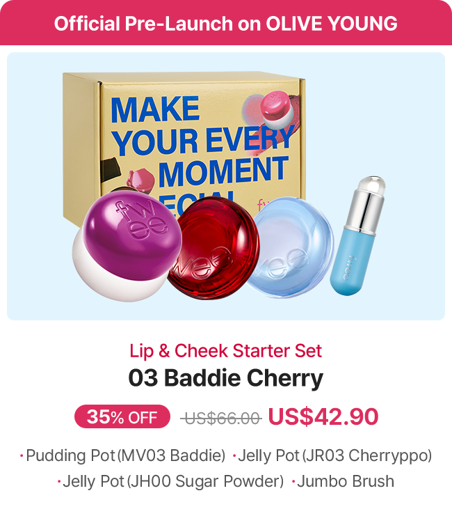 Official Pre-Launch on OLIVE YOUNG Lip & Cheek Starter Set 03 Baddie Cherry 35% OFF US$66.00 US$42.90 •Pudding Pot (MV03 Baddie) · Jelly Pot (JR03 Cherryppo) Jelly Pot (JHOO Sugar Powder) ⚫Jumbo Brush