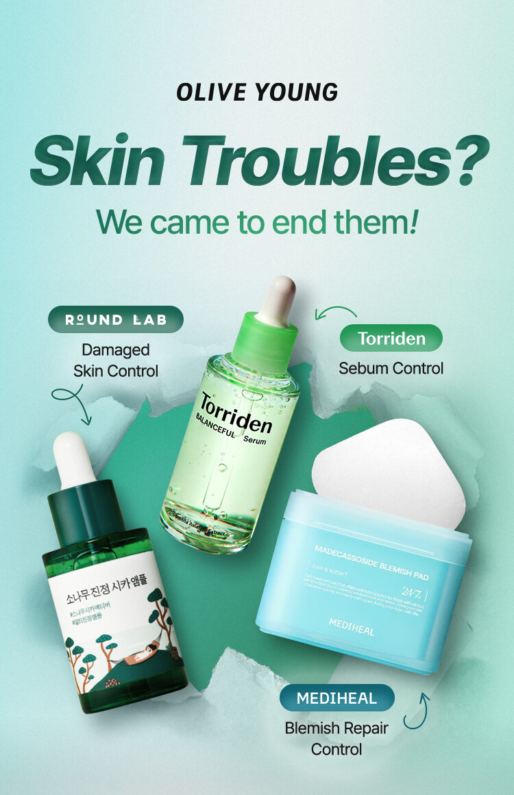 oliveyoung Skin Troubles? We came to end them! ROUND LAB Damaged Skin Control Torriden Sebum Control MEDIHEAL Blemish Repair Control