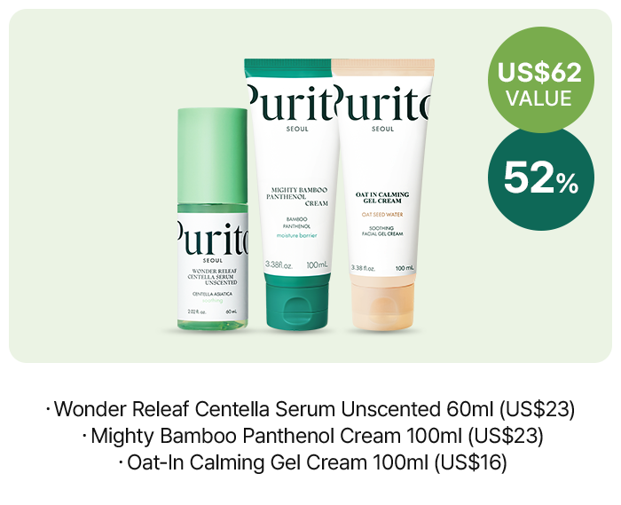 us$62 VALUE 52% ・Wonder Releaf Centella Serum Unscented 60ml (US$23)  ・Mighty Bamboo Panthenol Cream 100ml (US$23) ・Oat-In Calming Gel Cream 100ml (US$16)