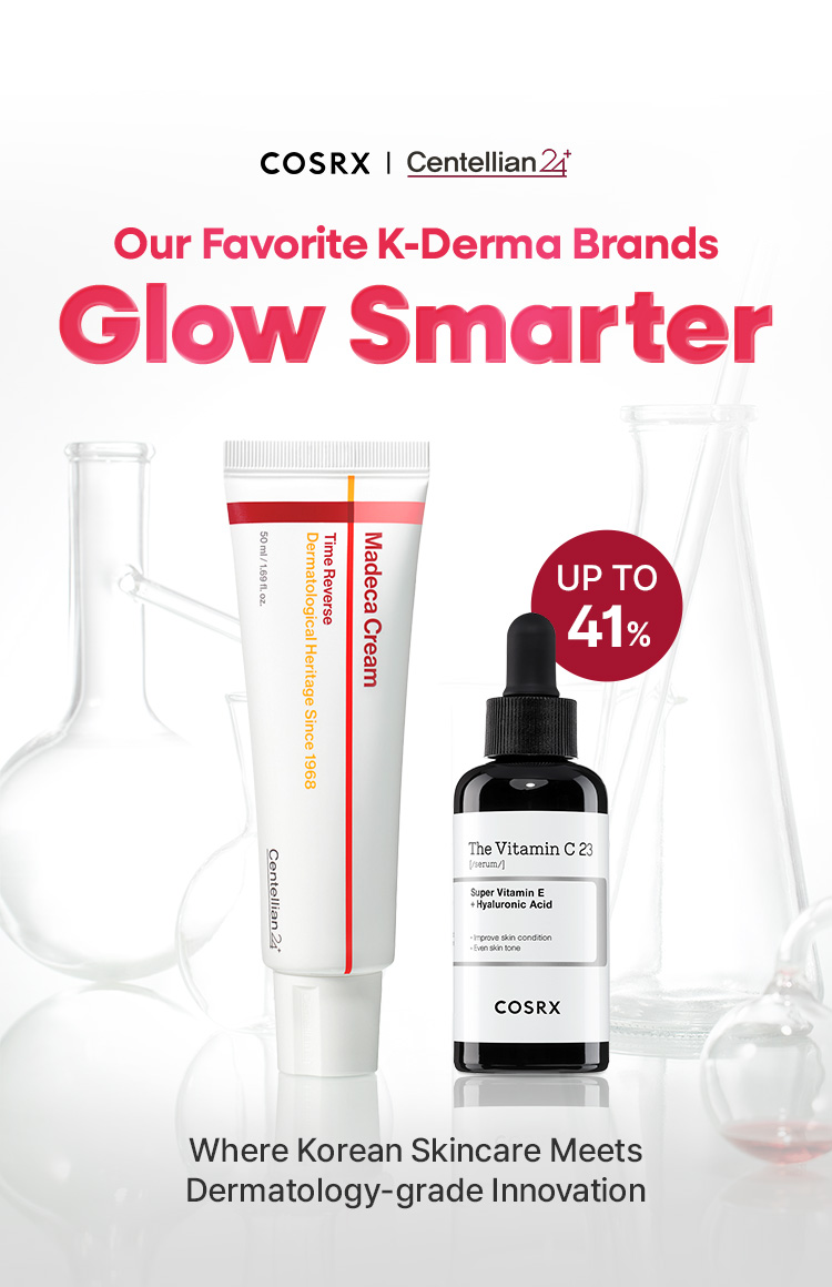 COSRX | Centellian24, Our Favorite K-Derma Brands, Glow Smarter, UP TO 41%, Madeca Cream, Dermatology Formula Triple Action, The Vitamin C 23, Super Vitamin C, Pure Vitamin C 23% + Vitamin E + Hyaluronic Acid, COSRX, Where Korean Skincare Meets Dermatology-grade Innovation