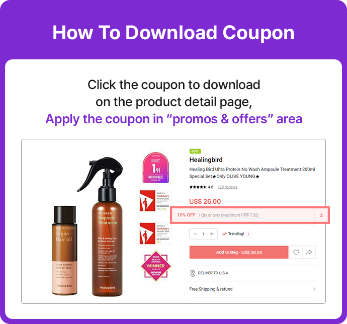 Click the coupon to download on the product detail page, Apply the coupon in  “promos & offers” area