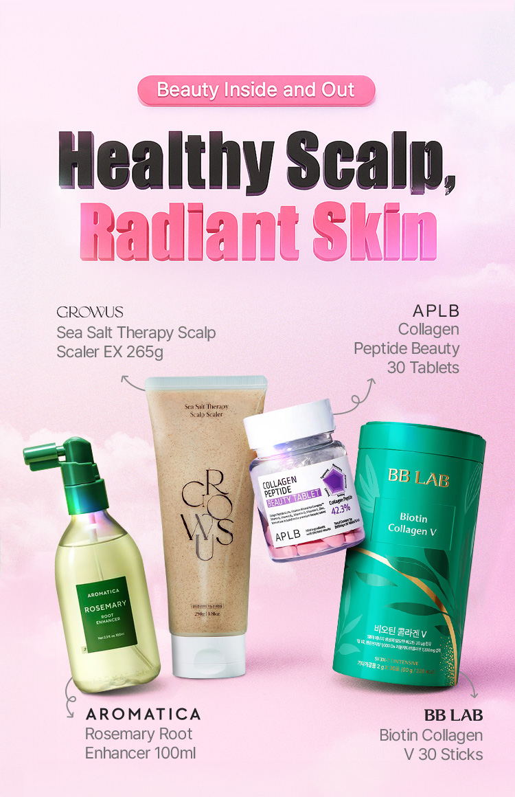Beauty Inside and Out Healthy Scalp, Radiant Skin GROWUS Sea Salt Therapy Scalp Scaler EX 265g / APLB Collagen Peptide Beauty 30 Tablets / AROMATICA Rosemary Root Enhancer 100ml / BB LAB Biotin Collagen V 30 Sticks