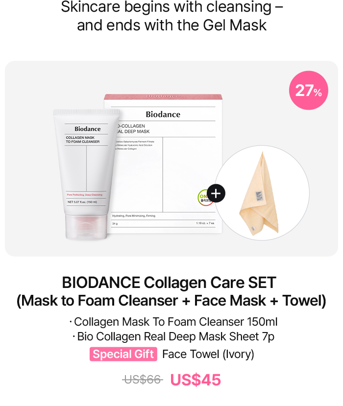 BIODANCE Collagen Care SET (Mask to Foam Cleanser + Face Mask + Towel) – Collagen Mask To Foam Cleanser 150ml, Bio Collagen Real Deep Mask Sheet 7p, Special Gift Face Towel (Ivory) – US$48 (27% OFF)