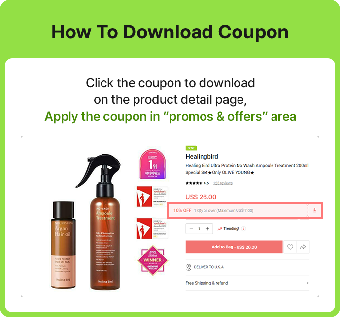 Click the coupon to download on the product detail page, Apply the coupon in “promos & offers” area
