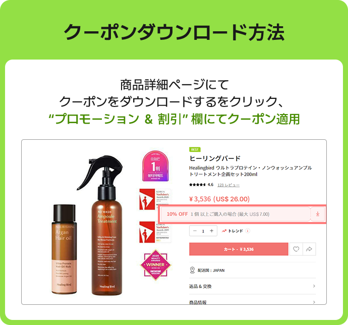 商品詳細ページにてクーポンをダウンロードするをクリック、'プロモーション＆割'引'欄にてクーポン適用