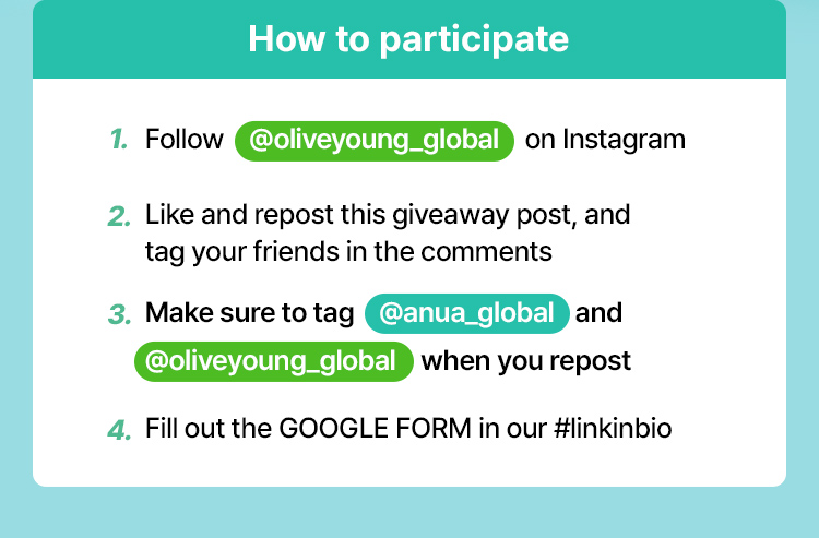 [How to participate] 1.Follow @oliveyoung_global on Instagram 2.Like and repost this giveaway post, and tag your friends in the comments 3. Make sure to tag @anua_global and @oliveyoung_global when you repost 4. Fill out the GOOGLE FORM in our #linkinbio