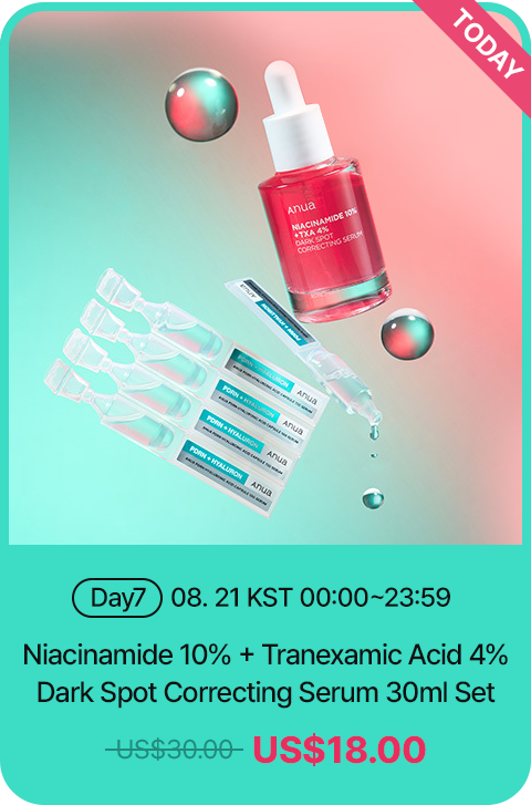 today Day7 08.21 KST 00:00~23:59 Niacinamide 10% + Tranexamic Acid 4% Dark Spot Correcting Serum 30ml Set US$18.00