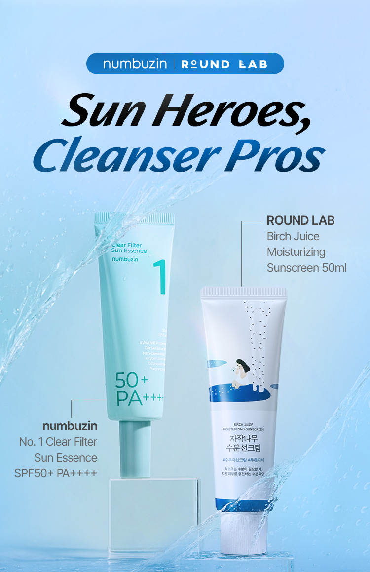 numbuzin | ROUND LAB Sun Heroes, Cleanser Pros /  ROUND LAB Birch Juice Moisturizing  Sunscreen 50ml / numbuzin No. 1 Clear Filter Sun Essence SPF50+ PA++++