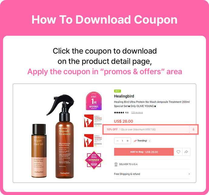 Click the coupon to download on the product detail page, Apply the coupon in “promos & offers” area