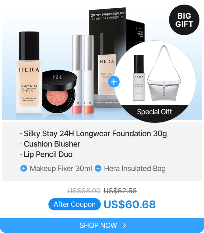 Silky Stay 24H Longwear Foundation 30g Cushion Blusher Lip Pencil Duo Makeup Fixer 30ml Hera Insulated Bag US68.00US62.56 After Coupon US$60.68