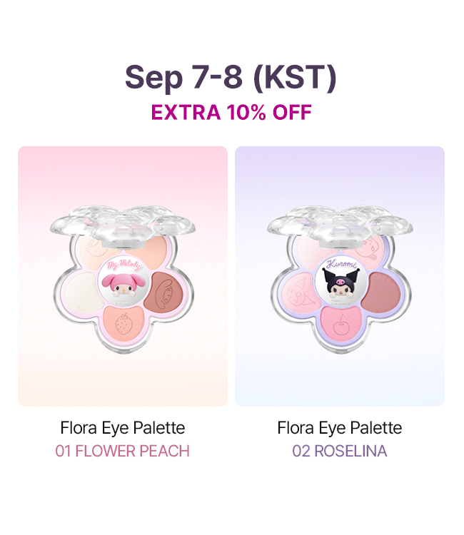 Sep 7-8 (KST) EXTRA 10% OFF Flora Eye Palette 01 FLOWER PEACH Flora Eye Palette 02 ROSELINA