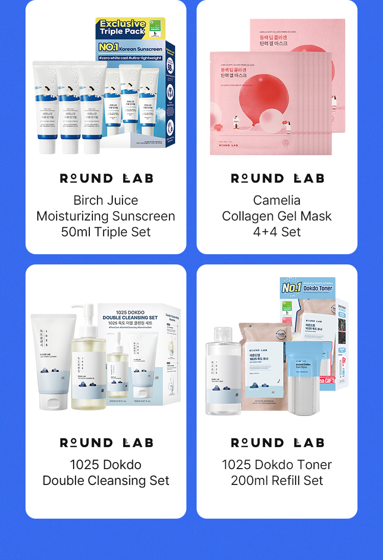 ROUNDLAB Madecassoside Blemish Repair Serum 40ml Double Pack (+10ml) ROUNDLAB Camelia Collagen Gel Mask 4+4 Set ROUNDLAB 1025 Dokdo Double Cleansing Set ROUNDLAB 1025 Dokdo Toner 200ml Refill Set