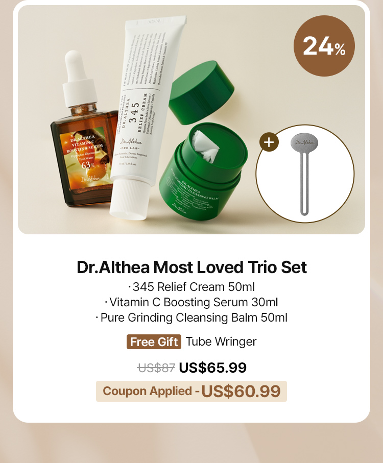 Dr.Althea Most Loved Trio Set ・345 Relief Cream 50ml ・Vitamin C Boosting Serum 30ml ・Pure Grinding Cleansing Balm 50ml Free Gift Tube Wringer US$65.99 Coupon Applied - US$60.99