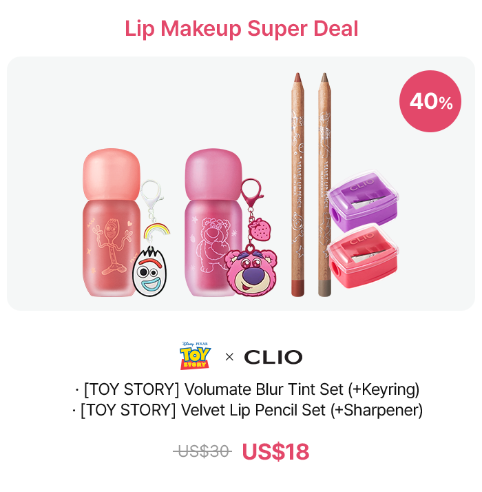 Lip Makeup Super Deal – [TOY STORY] Volumate Blur Tint Set (+Keyring) · [TOY STORY] Velvet Lip Pencil Set (+Sharpener) · US$30 → US$18 (40% OFF)