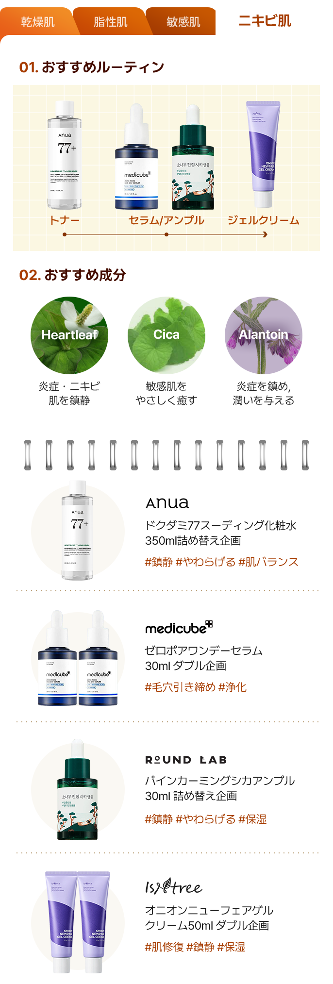 おすすめルーティン：トナー→セラム/アンプル→ジェルクリーム · おすすめ成分：Heartleaf / Cica / Allantoin · Anua ハートリーフ77スージングトナー / medicube ゼロポアワンデイセラム / ROUND LAB ハイパーソージングシカアンプル / Isntree オニオンニューペアジェルクリーム
