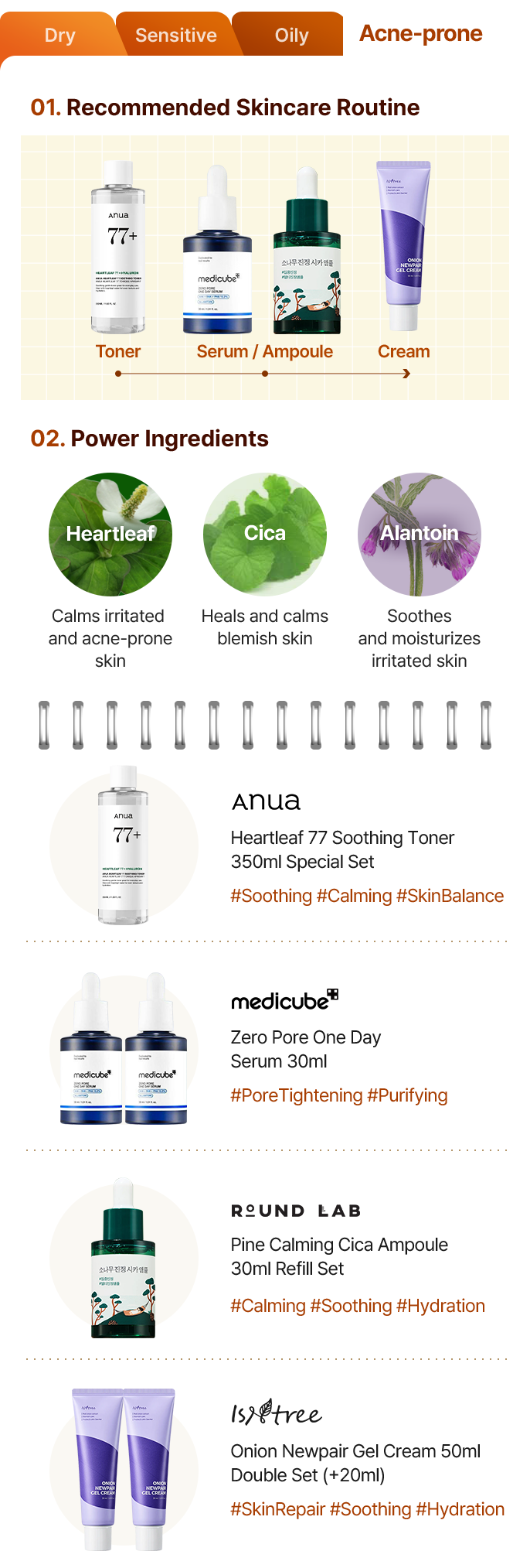 Recommended Skincare Routine: Toner · Serum/Ampoule · Cream / Power Ingredients: Heartleaf (Calms irritated skin), Cica (Heals blemish skin), Allantoin (Soothes & moisturizes)