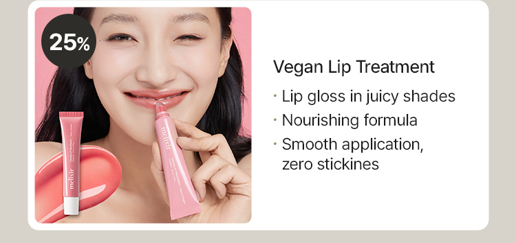 Vegan Lip Treatment . Lip gloss in juicy shades . Nourishing formula . Smooth application, . zero stickines