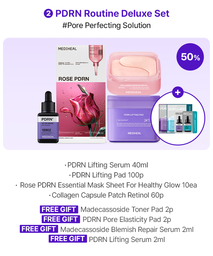 2 PDRN Routine Deluxe Set #Pore Perfecting Solution 50% PDRN Lifting Serum 40ml PDRN Lifting Pad 100p Rose PDRN Essential Mask Sheet For Healthy Glow 10ea Collagen Capsule Patch Retinol 60p FREE GIFT Madecassoside Toner Pad 2p FREE GIFT PDRN Pore Elasticity Pad 2p FREE GIFT Madecassoside Blemish Repair Serum 2ml FREE GIFT PDRN Lifting Serum 2ml