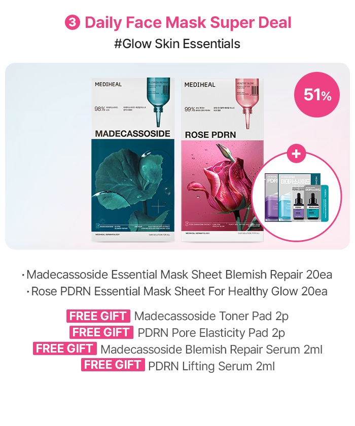 3 Daily Face Mask Super Deal #Glow Skin Essentials 51% Madecassoside Essential Mask Sheet Blemish Repair 20ea Rose PDRN Essential Mask Sheet For Healthy Glow 20ea FREE GIFT Madecassoside Toner Pad 2p FREE GIFT PDRN Pore Elasticity Pad 2p FREE GIFT Madecassoside Blemish Repair Serum 2ml FREE GIFT PDRN Lifting Serum 2ml