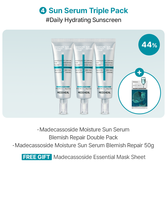 4 Sun Serum Triple Pack #Daily Hydrating Sunscreen 44% Madecassoside Moisture Sun Serum Blemish Repair Double Pack Madecassoside Moisture Sun Serum Blemish Repair 50g FREE GIFT Madecassoside Essential Mask Sheet