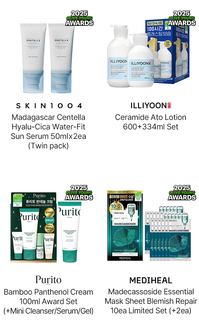 SKIN1004: Madagascar Centella Hyalu-Cica Water-Fit Sun Serum 50mL*2ea (Twin pack) ILLIYOON: Ceramide Ato Lotion 600+334ml Set Purito Seoul: Bamboo Panthenol Cream 100ml Award Set (+Mini Cleanser/Serum/Gel) MEDIHEAL: Madecassoside Essential Mask Sheet Blemish Repair 10ea Limited Set (+2ea)