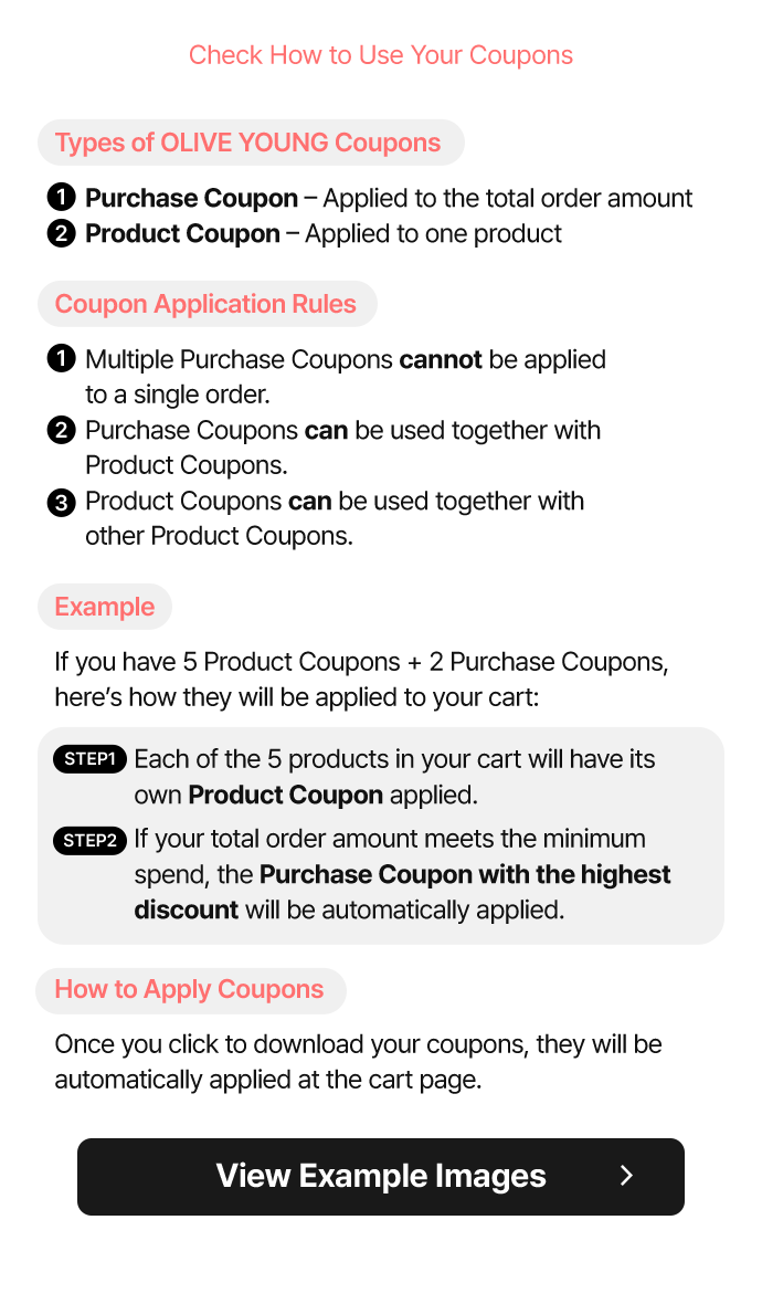 How Coupons are Applied Cart (2) Qualifies for Free Shipping! 2 items Remove all AESTURA AESTURA Atobarrier 365 Cream 80ML 1 US$44.00 Remove VT VT PDRN Reedle Shot Hair Ampoule 15ml 1 out of 3 options 1 US$67.00 US$50.25 Remove Coupon Maximum Benefits Applied -US$47.04 Product VT PDRN Reedle Shot Hair Ampoule 15ml 1 out of 3 options [Item Coupon] OMG 50% OFF on a single item AESTURA Atobarrier 365 Cream 80ML [Item Coupon] OMG 50% OFF on a single item Purchase [FIRST PURCHASE ONLY] 20% OFF with Every Order -US$23.04 Shipping -US$0.00 No valid coupon Sale -US$39.82