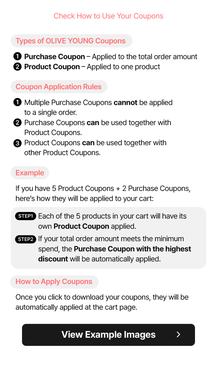 How Coupons are Applied Cart (2) Qualifies for Free Shipping! 2 items Remove all AESTURA AESTURA Atobarrier 365 Cream 80ML 1 US$44.00 Remove VT VT PDRN Reedle Shot Hair Ampoule 15ml 1 out of 3 options 1 US$67.00 US$50.25 Remove Coupon Maximum Benefits Applied -US$47.04 Product VT PDRN Reedle Shot Hair Ampoule 15ml 1 out of 3 options [Item Coupon] OMG 50% OFF on a single item AESTURA Atobarrier 365 Cream 80ML [Item Coupon] OMG 50% OFF on a single item Purchase [FIRST PURCHASE ONLY] 20% OFF with Every Order -US$23.04 Shipping -US$0.00 No valid coupon Sale -US$39.82