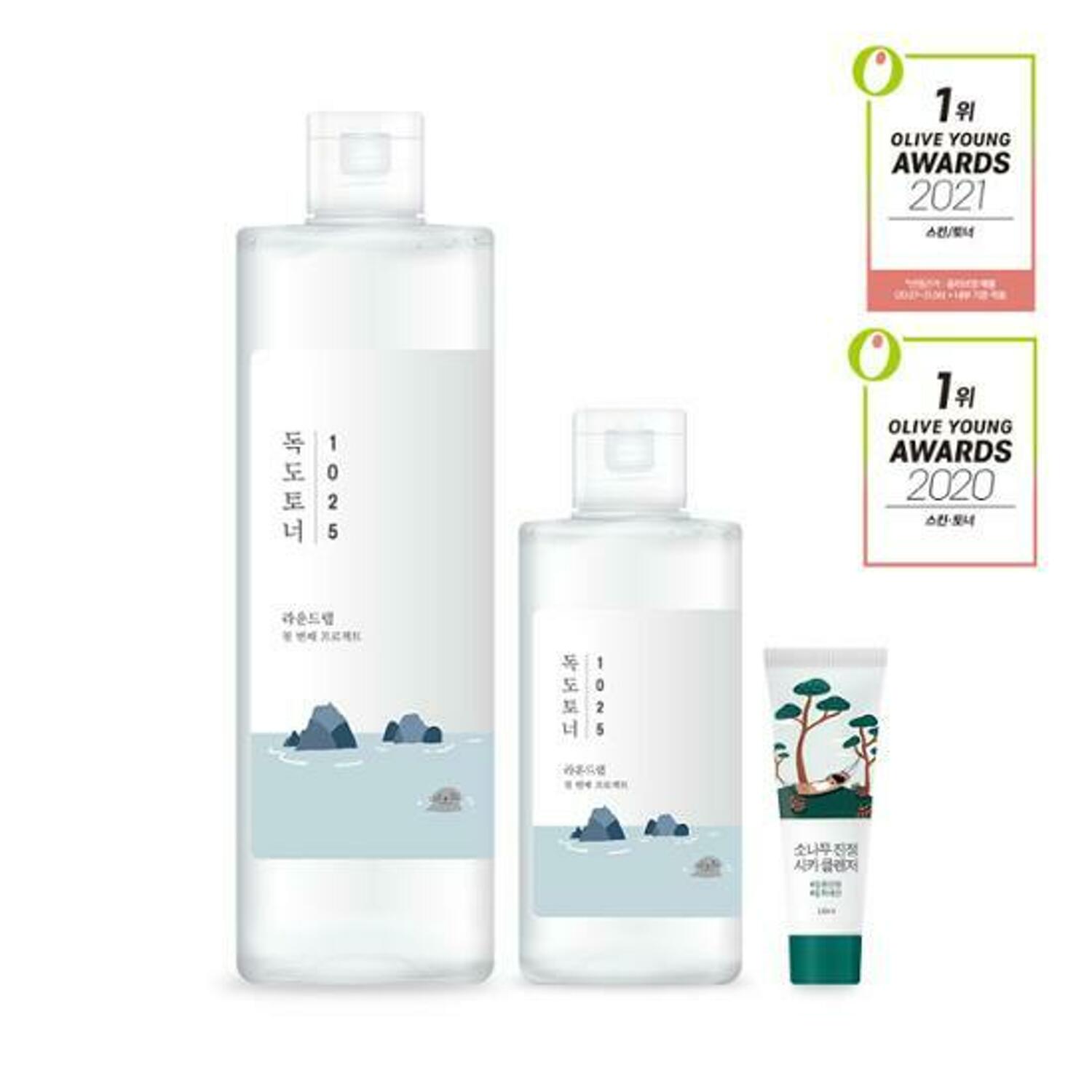 ROUND LAB 1025 Toner Dokdo 500 ml + ensemble spécial 200 ml (+ nettoyant au pin 10 ml)